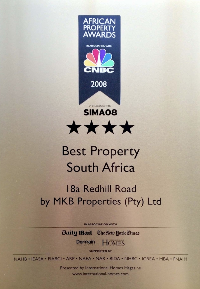 Best Property South Africa 2008 certificate, African Property Awards in association with CNBC, 18a Redhill Road